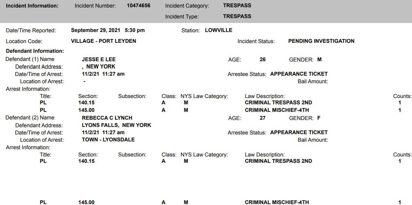NYSP Pair Charged with Trespass and Criminal Mischief in Village of Port Leyden
