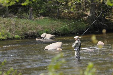 a person standing in a stream fly fishing