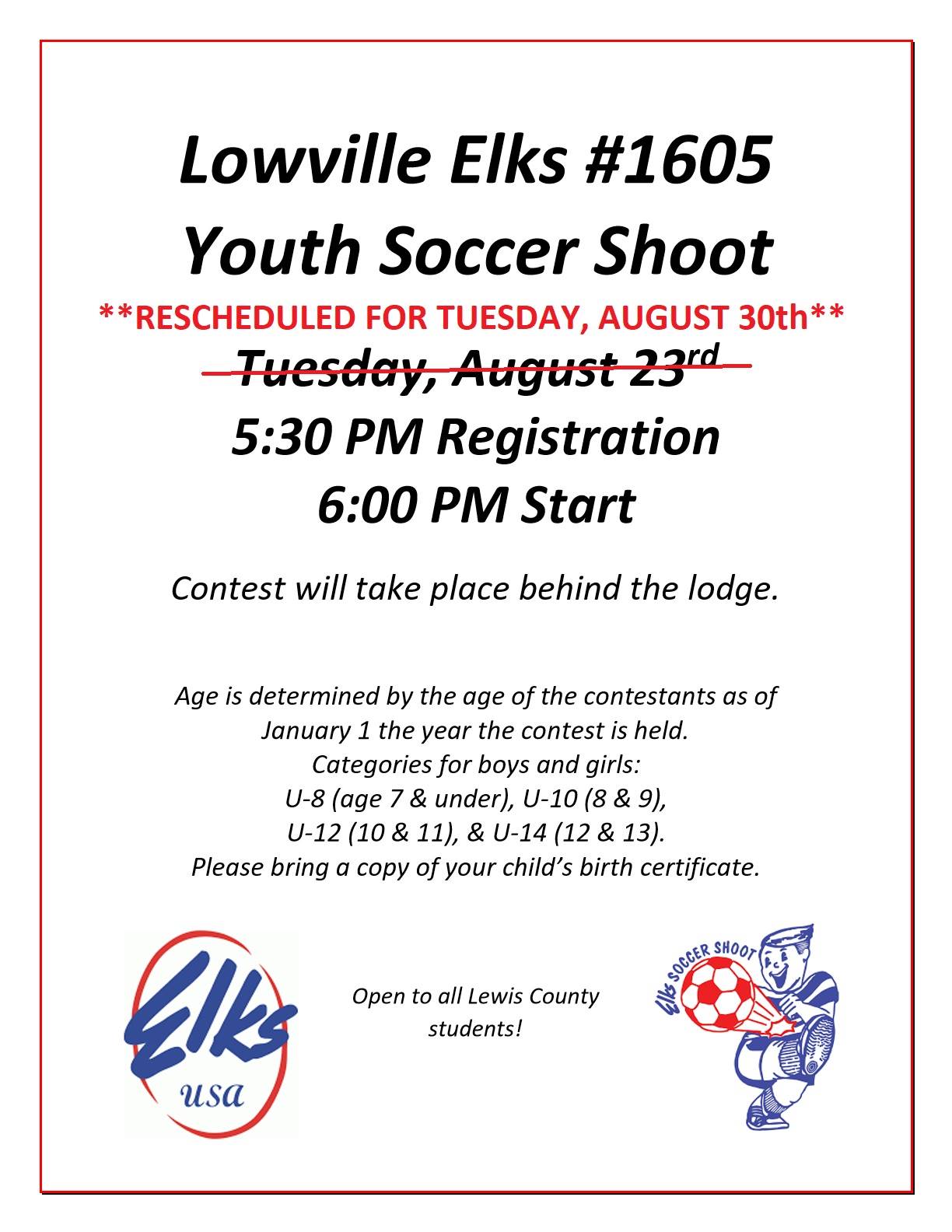 Lowville Elks Lodge Annual Youth Soccer Shoot Postponed to August 30