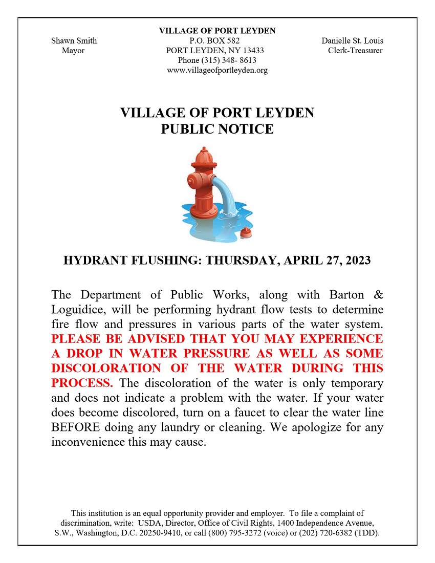 Village of Port Leyden to Flush Hydrants April 27