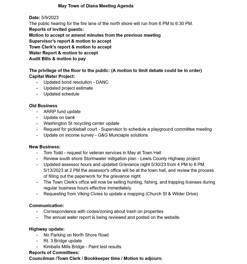 Diana Town Board Agenda for May 9 Meeting