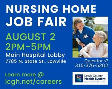 A poster for a nursing home job fair

Description automatically generated