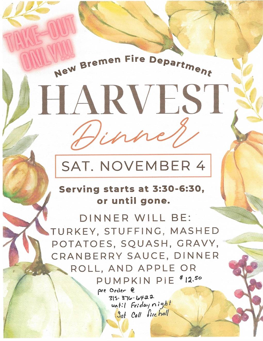 New Bremen Fire Department’s Annual Harvest Dinner Fundraiser Set for