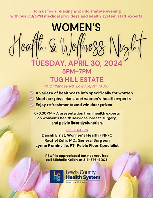 A poster for women's health and wellness night

Description automatically generated