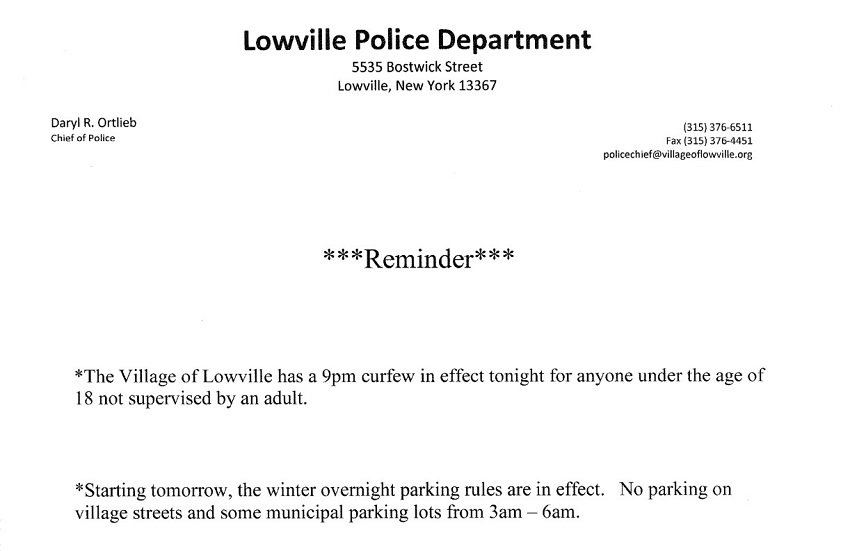 LPD Reminders on Halloween Curfew and Winter Season Overnight Parking