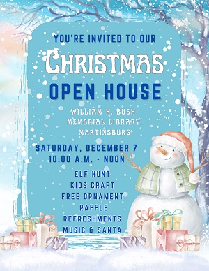A blue and white poster with snowman and presents

Description automatically generated