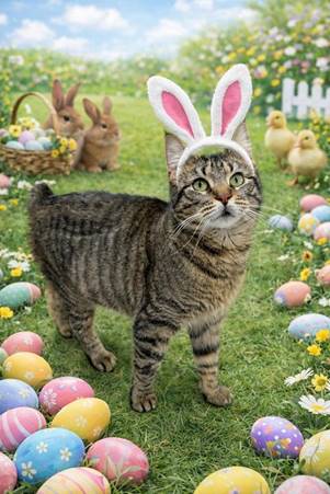 A cat wearing bunny ears and standing in grass with easter eggs and chickens

AI-generated content may be incorrect.