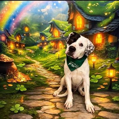 A dog sitting on a path with a rainbow in the background

AI-generated content may be incorrect.