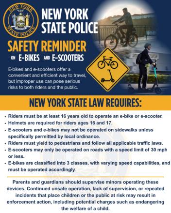 New York State Police Issue Safety Reminder on Electric Bikes, Scooters, and Dirt Bike Use