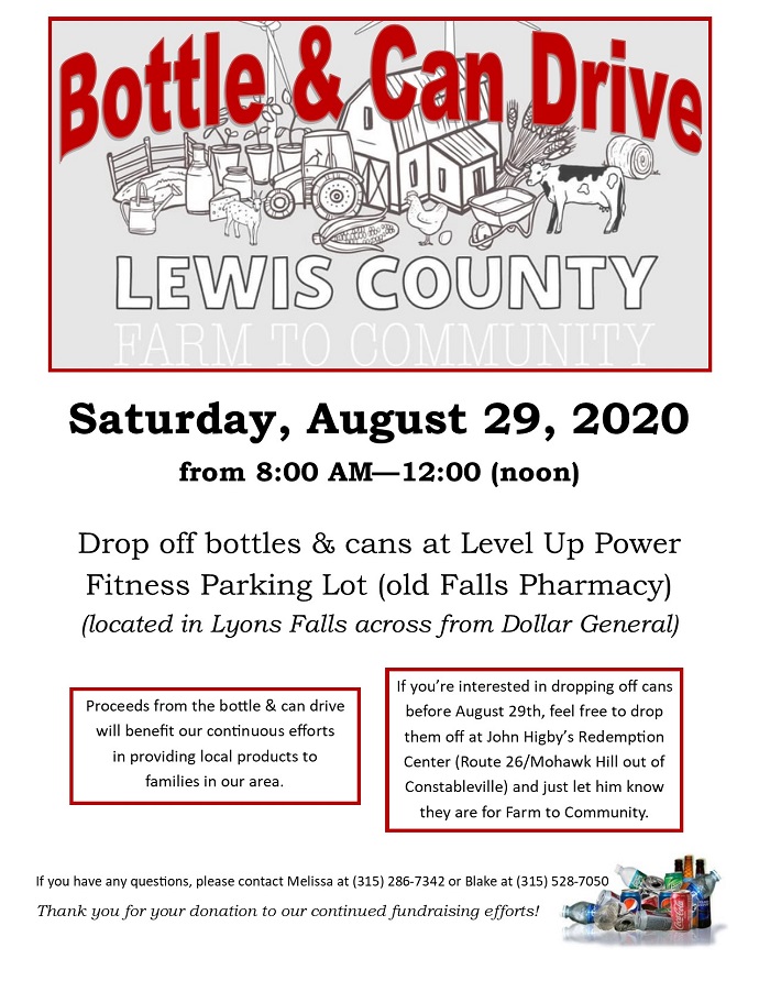 Bottle & Can Drive to Support Lewis County Farm to Community Efforts