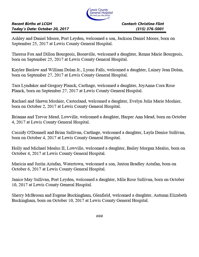 LCGH Birth Announcements September 25 October 10, 2017