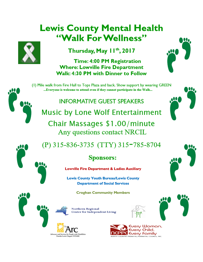 Lewis County Mental Health "Walk for Wellness" May 11th in Lowville