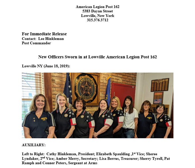 New Officers Sworn in at Lowville American Legion