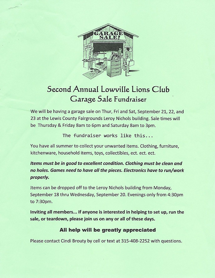 Lowville Lions Holding Garage Sale Fundraiser at Fairgrounds September