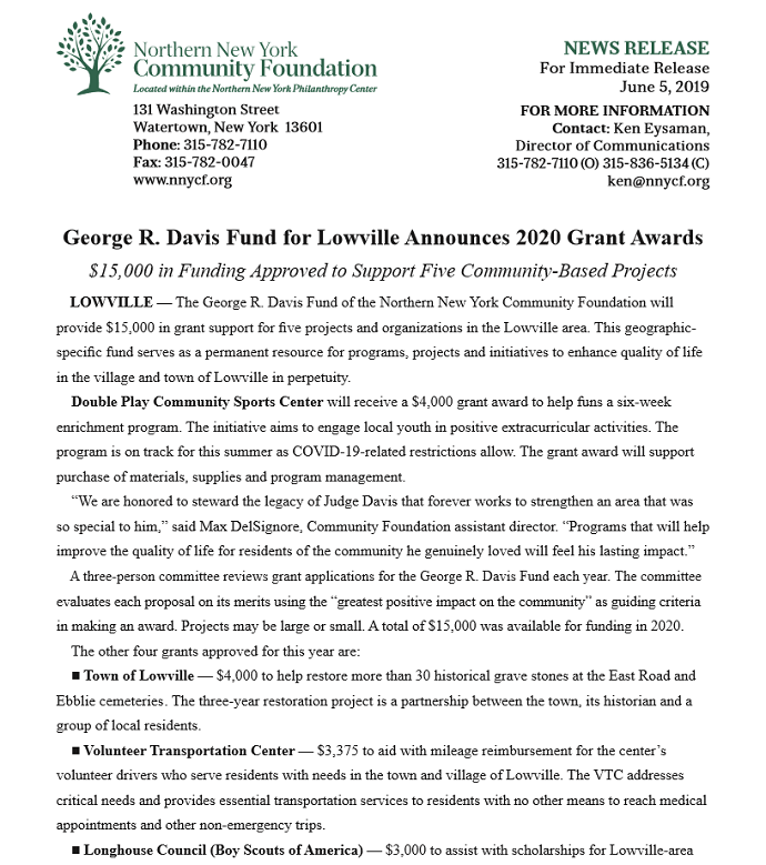 George R. Davis Fund for Lowville Announces 2020 Grant Award Recipients