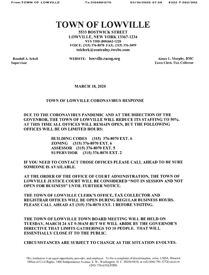 Town of Lowville Government Reduces Staff in Response to COVID19